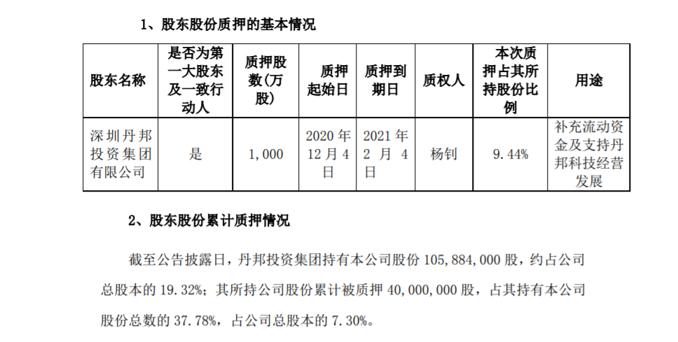 丹邦科技：控股股东部分股份质押 公司风险 第1张