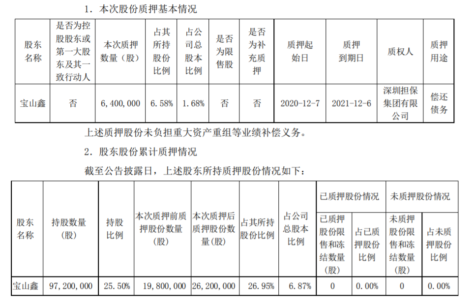 银宝山新：公司股东部分股份质押 公司风险 第1张