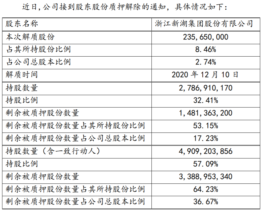 新湖中宝股份有限公司 关于控股股东股份质押解除的公告 公司风险 第2张