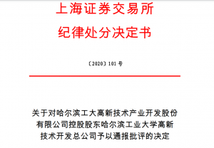 上海证券交易所对哈尔滨工大高新技术产业开发股份 有限公司控股股东哈尔滨工业大学高新 技术开发总公司予以通报批评 综合 第1张